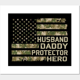 Husband Daddy Protector Hero Fathers Day Camo USA Flag Vintage Posters and Art